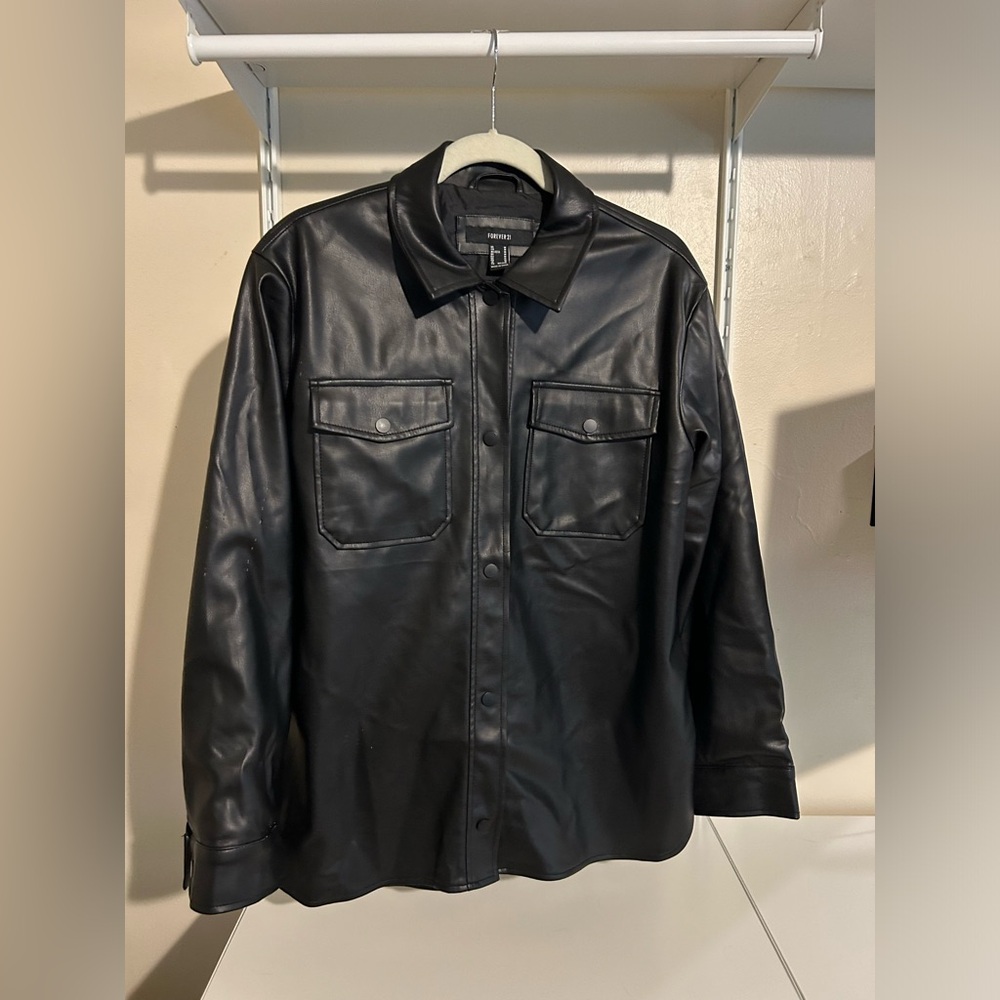 Faux Leather Button-Up Shirt